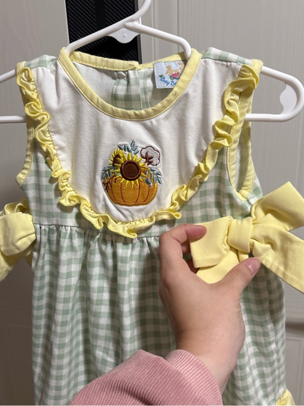 Girls' Yellow & Green Gingham Ruffle Dress with Pumpkin Embroidery - Picture 3 of 4